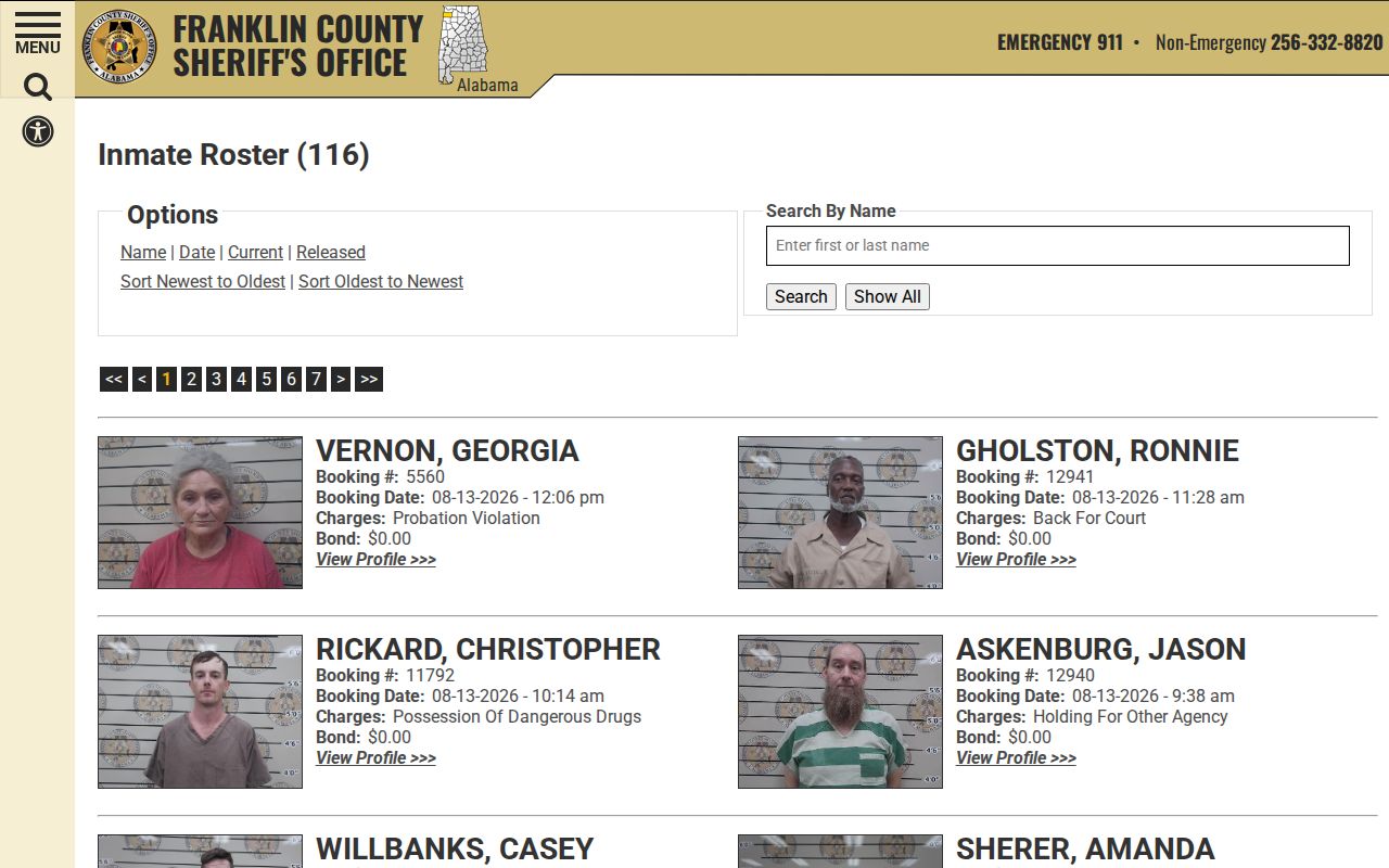 Franklin County booking record and mugshot search interface