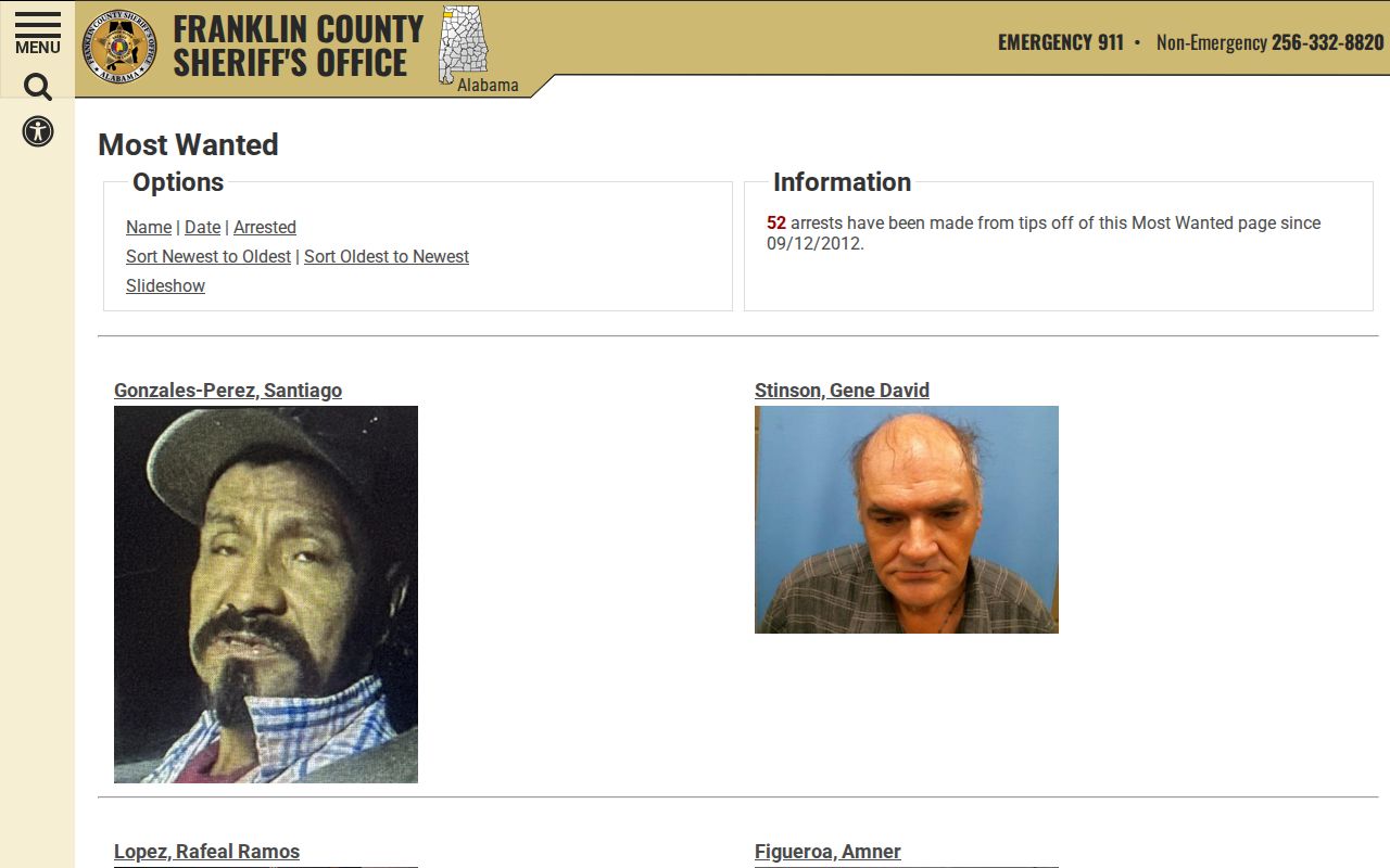 Franklin County Most Wanted official record interface
